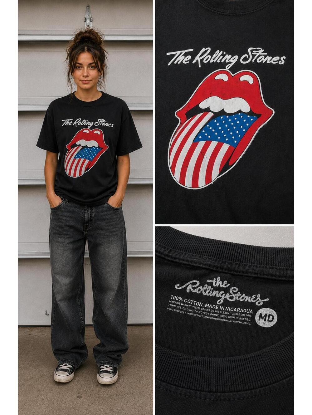 Rolling Stones USA Flag Tongue Graphic Band Tee Black Men’s Medium Rock